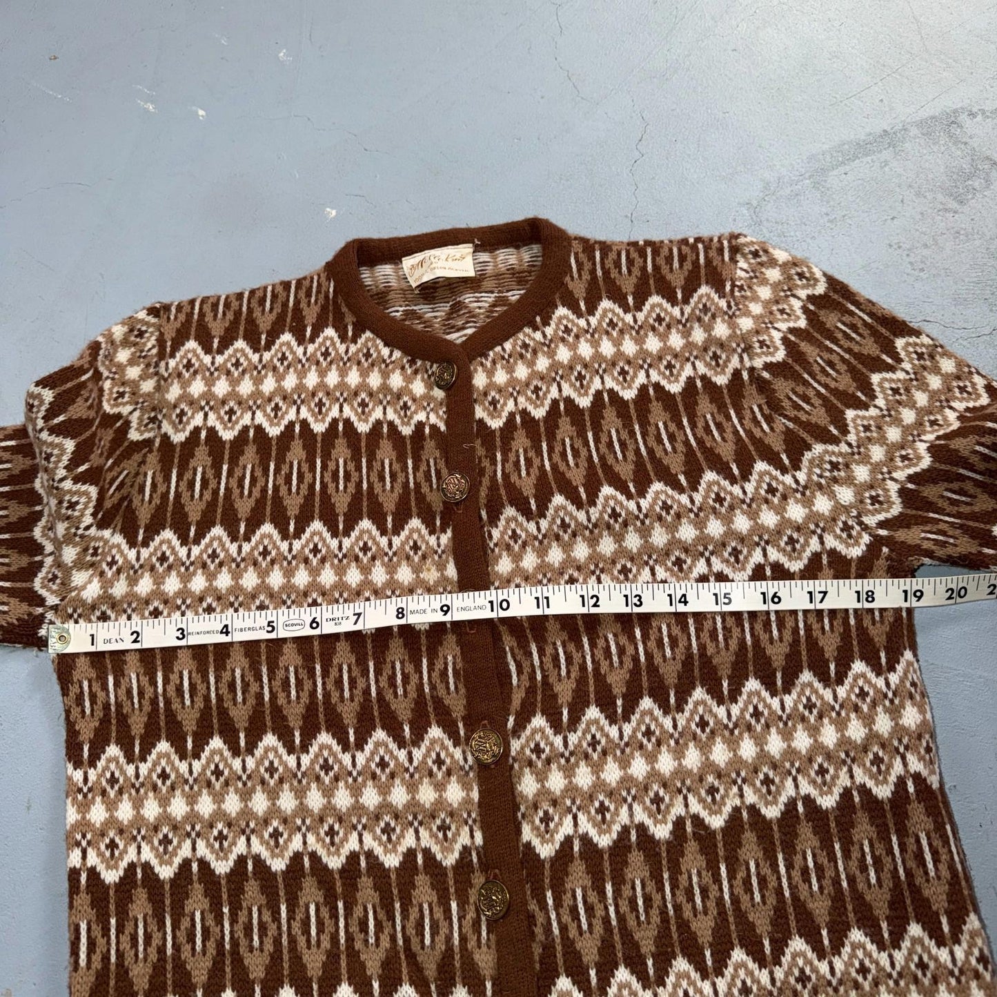 VTG 80s Mello Knit Acrylic Knitwear Womens Cardigan Orlon Brown Aztec Boho Chic