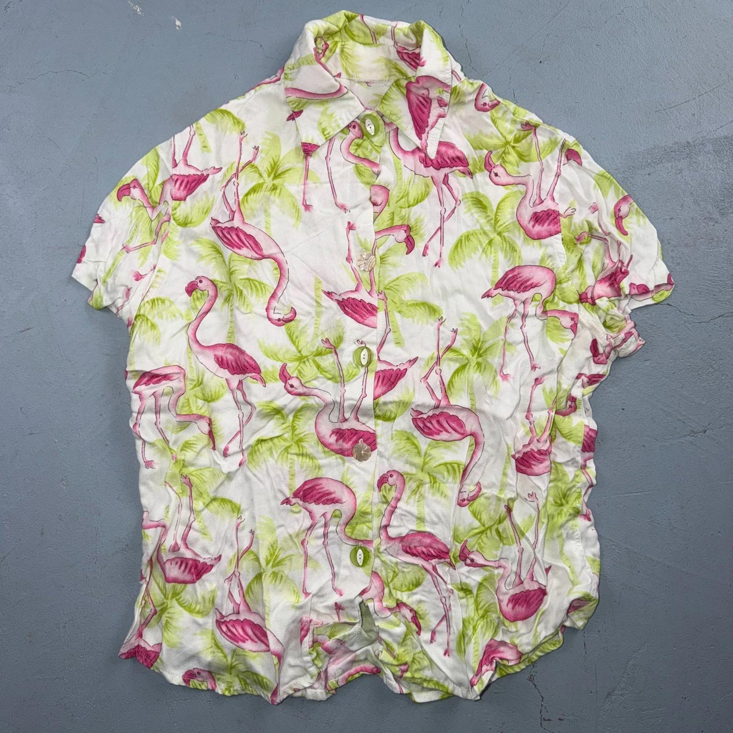 Womens Hawaiian Camp Bowling Lounge Button Up Shirt Flamingo Palm Trees