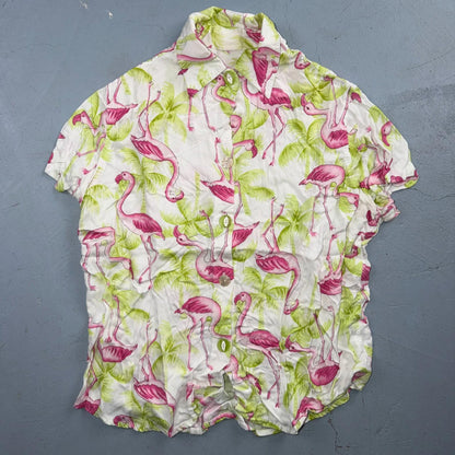 Womens Hawaiian Camp Bowling Lounge Button Up Shirt Flamingo Palm Trees