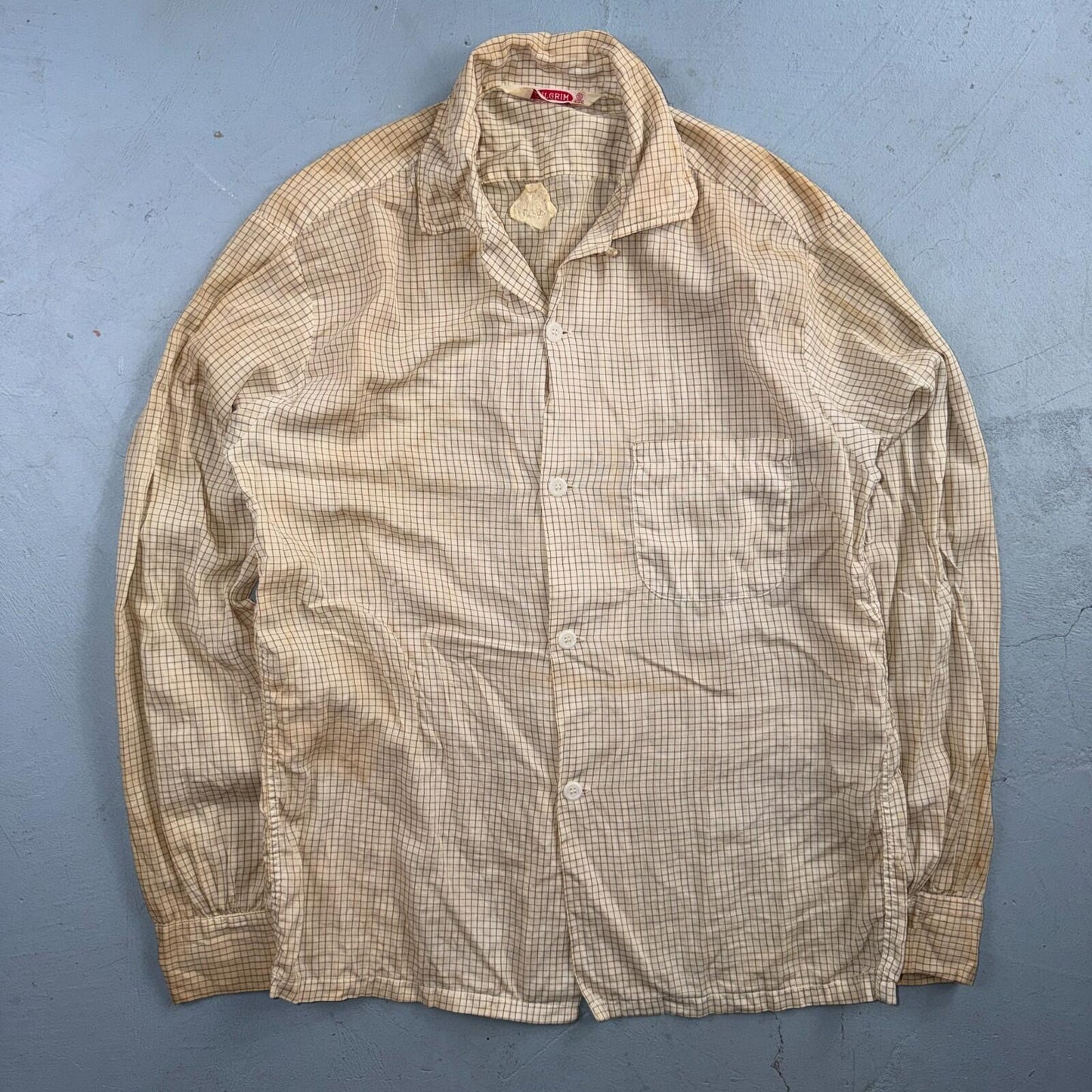 VTG 1950s Pilgrim Loop Collar Button Up Shirt Cotton Rockabilly S Thrashed Stain