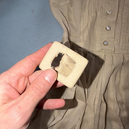 Vintage 1970s Shirtwaist Dress Beige Pleated Skirt Long Sleeve Belted Cute 70s