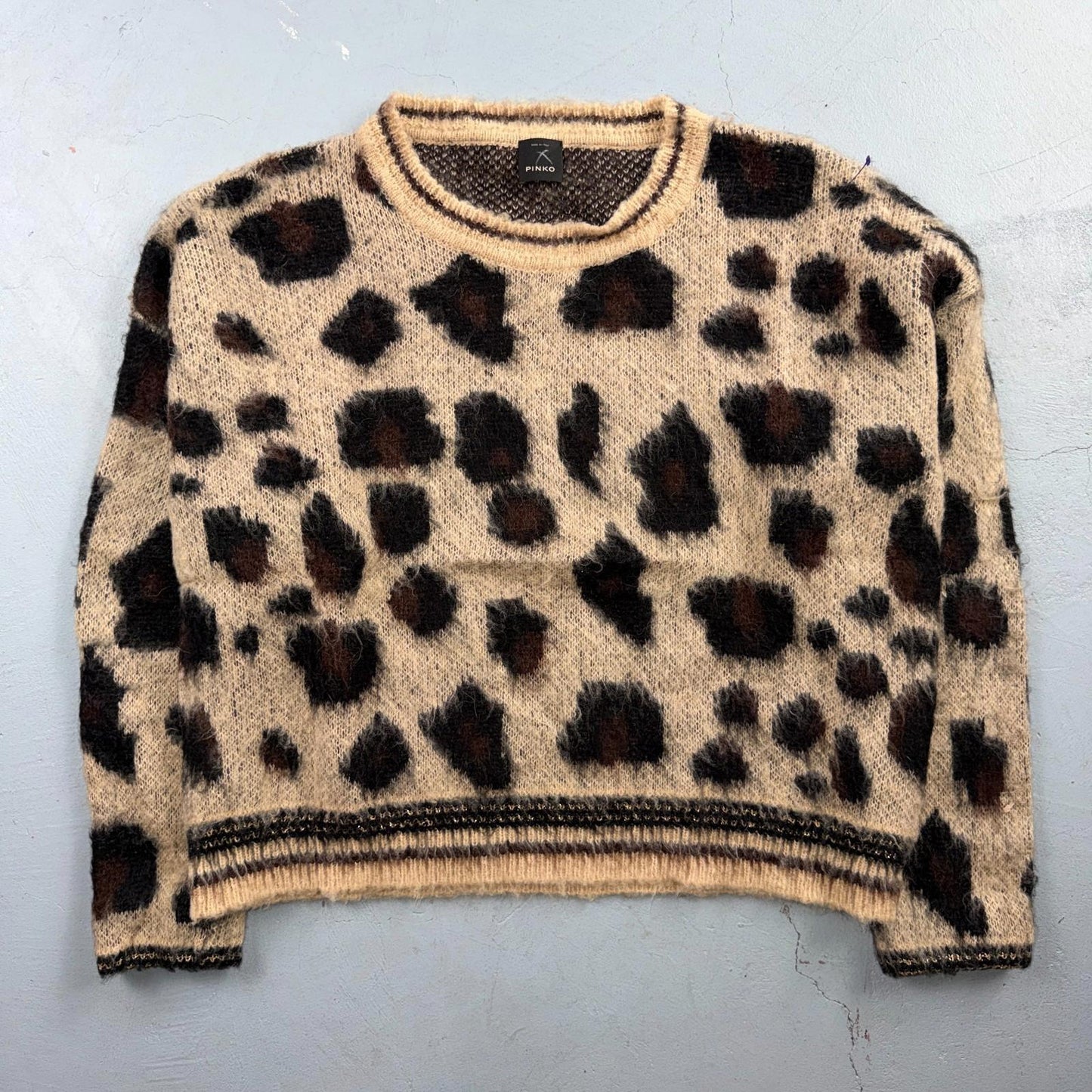 Pinko Womens Bright Cheetah Mohair Wool Blend Long Sleeve Knit Sweater L Italy