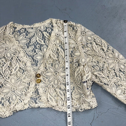Womens Beige Open Knit Cardigan Sweater Jumper Pullover Size S Lace Crop Top 80s