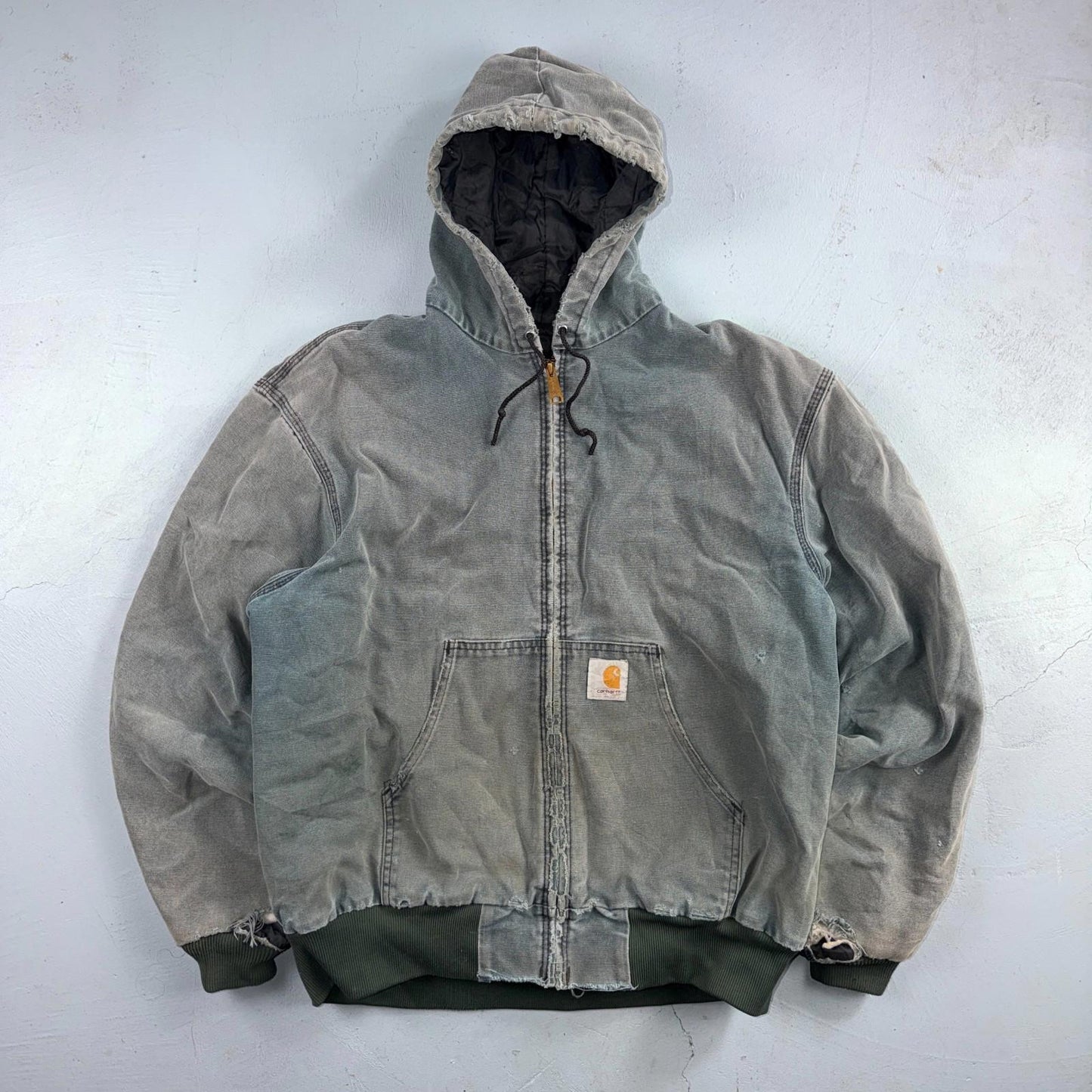 Vintage Carhartt Olive Green Hooded Jacket Bomber Coat Thrashed Faded 90s Y2K