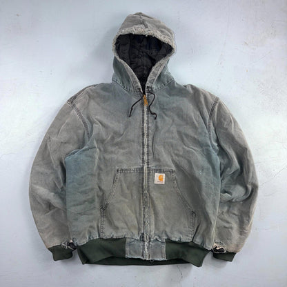 Vintage Carhartt Olive Green Hooded Jacket Bomber Coat Thrashed Faded 90s Y2K