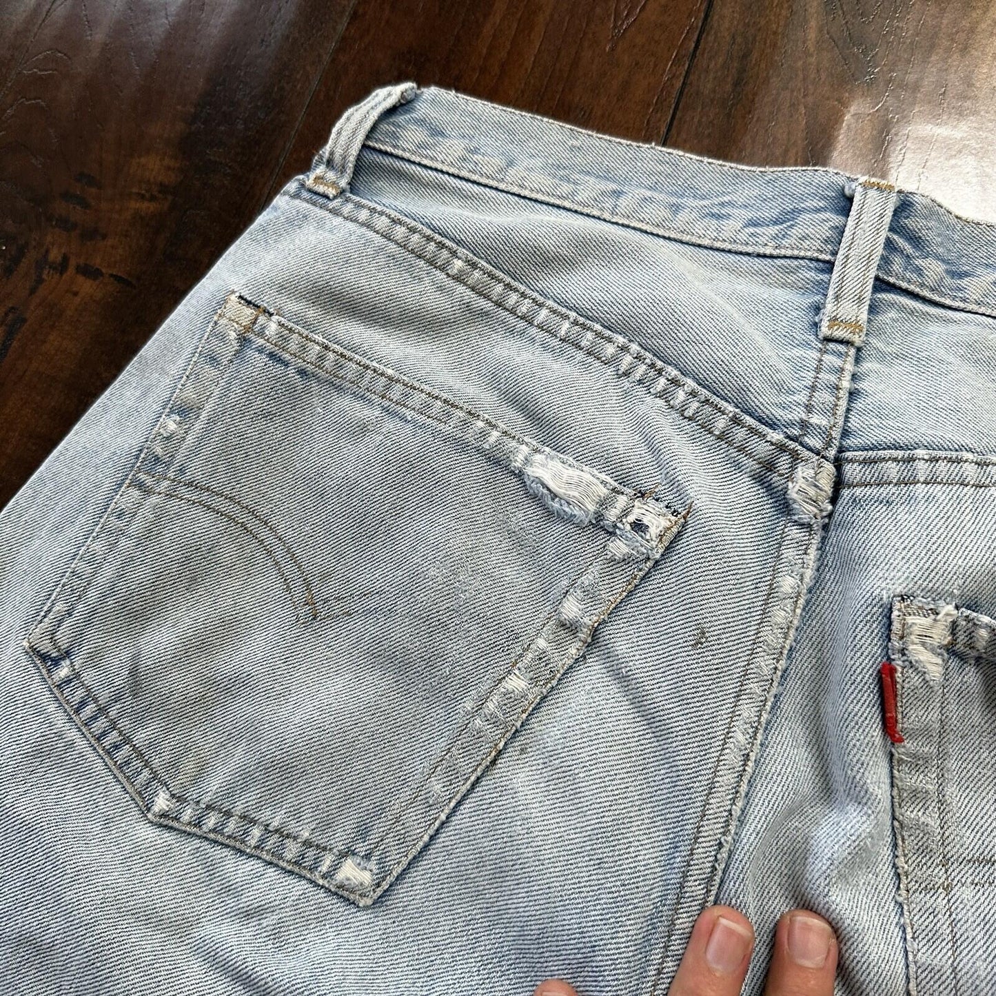 Levis Vintage 80s Redline Selvedge USA 501 Light Wash Jeans 66 30x28 Thrashed