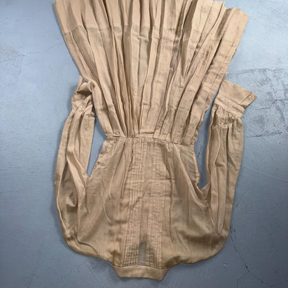 Vintage 1970s Shirtwaist Dress Beige Pleated Skirt Long Sleeve Belted Cute 70s