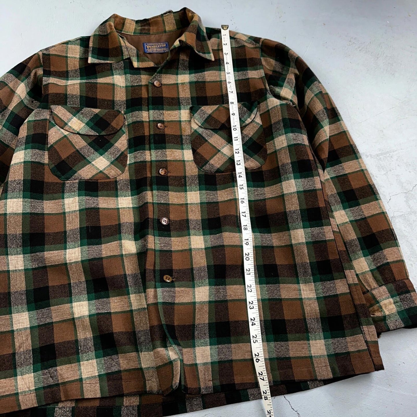 Pendleton 1950s Loop Collar Board Shirt Wool Plaid Flannel Shirt Brown Green VTG