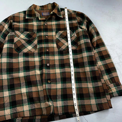 Pendleton 1950s Loop Collar Board Shirt Wool Plaid Flannel Shirt Brown Green VTG