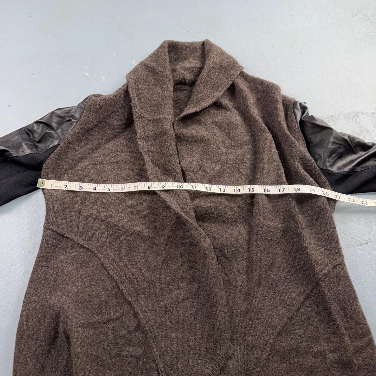 Eileen Fisher Jacket Womens Small Brown Wool Leather Sleeve Open Front Blazer