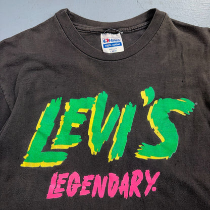 Levis Legendary VTG T Shirt Graphic Tee Black Thrashed Cool Neon Single Stitch