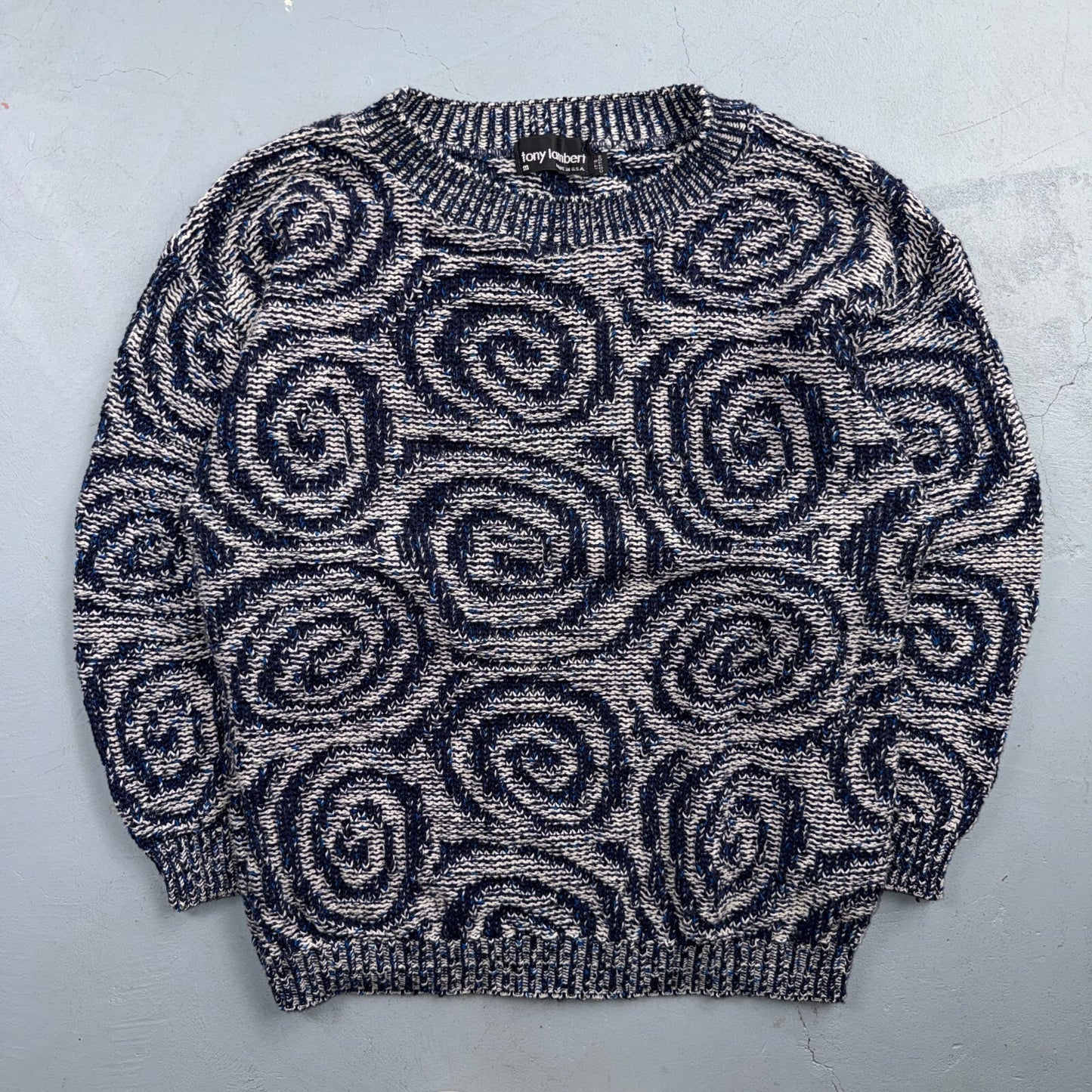 VTG RARE 90s Tony Lambert Textured Knit Sweater Blue White Abstract Made USA M