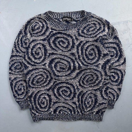 VTG RARE 90s Tony Lambert Textured Knit Sweater Blue White Abstract Made USA M