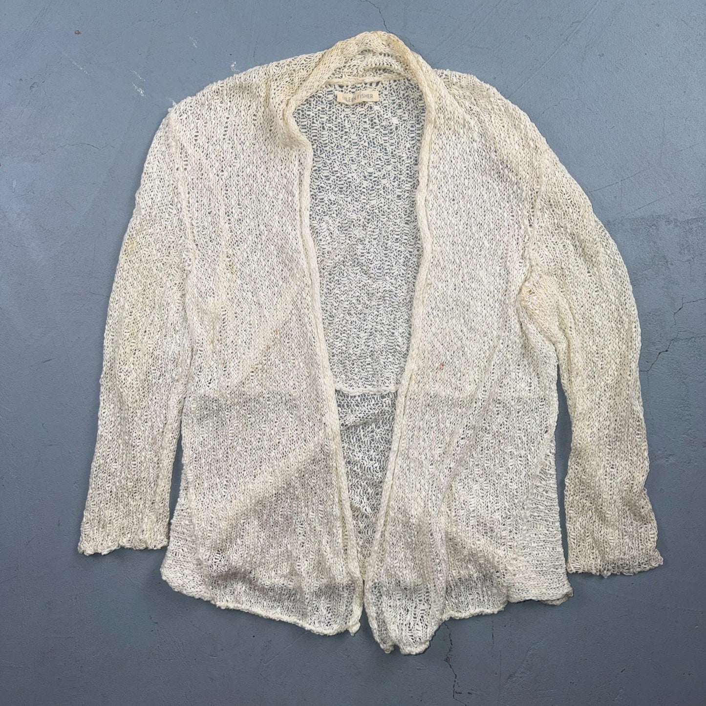 Eileen Fisher Cardigan Women Cream Linen Blend Loose Knit Lightweight Open XS
