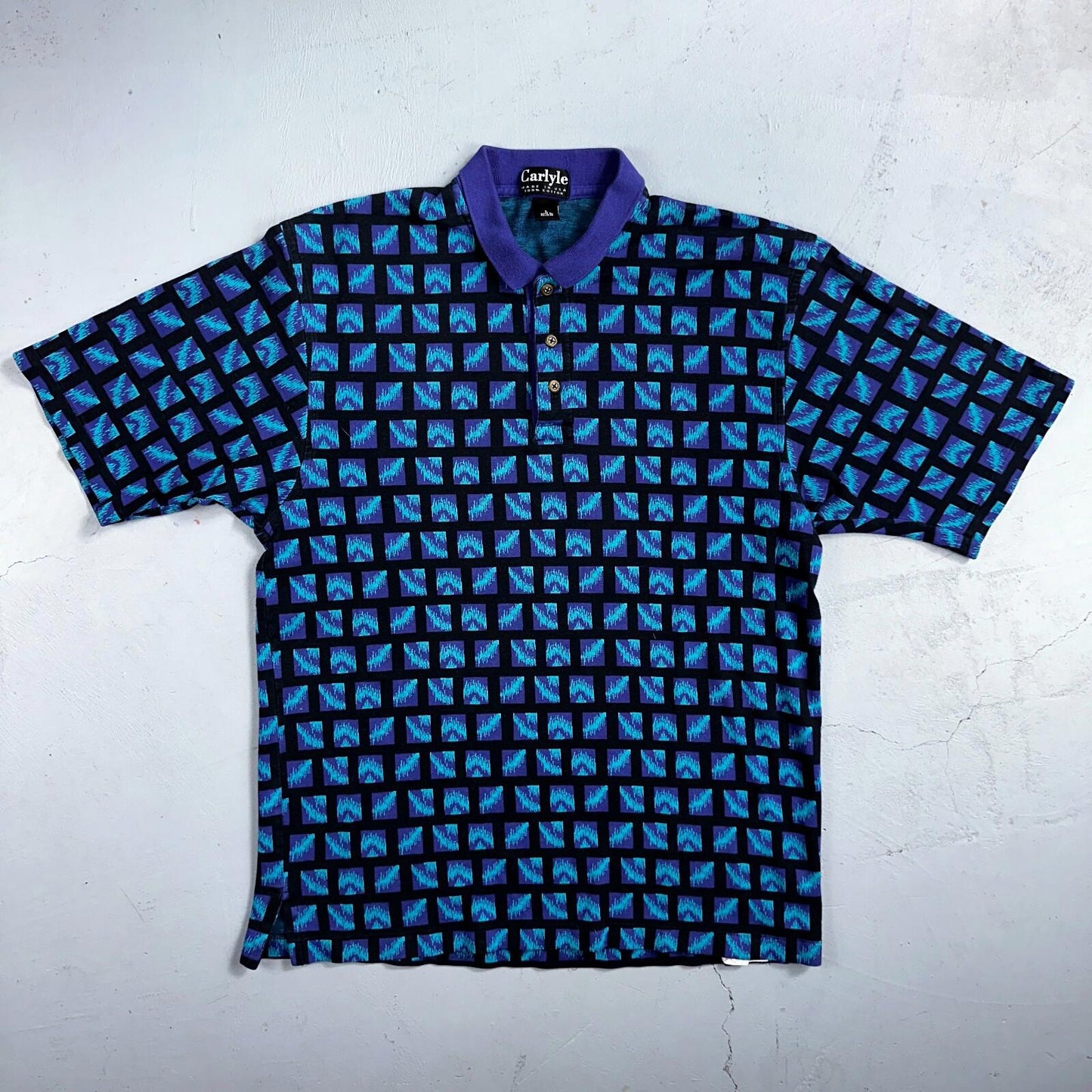 Carlyle VTG Short Sleeve Knit Polo Sz L Rockabilly Crazy Print Pattern Blue 70s