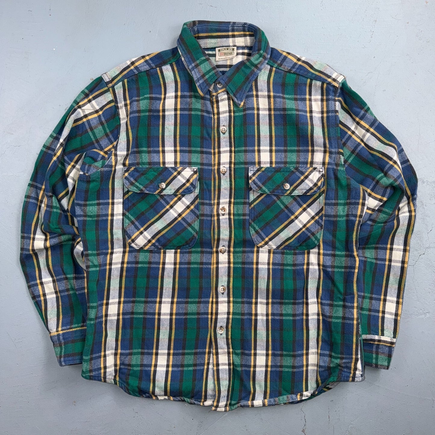 VTG 90s Five Brother Green Blue Plaid Heavy Flannel Work Shirt Grunge Men's L