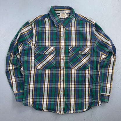 VTG 90s Five Brother Green Blue Plaid Heavy Flannel Work Shirt Grunge Men's L