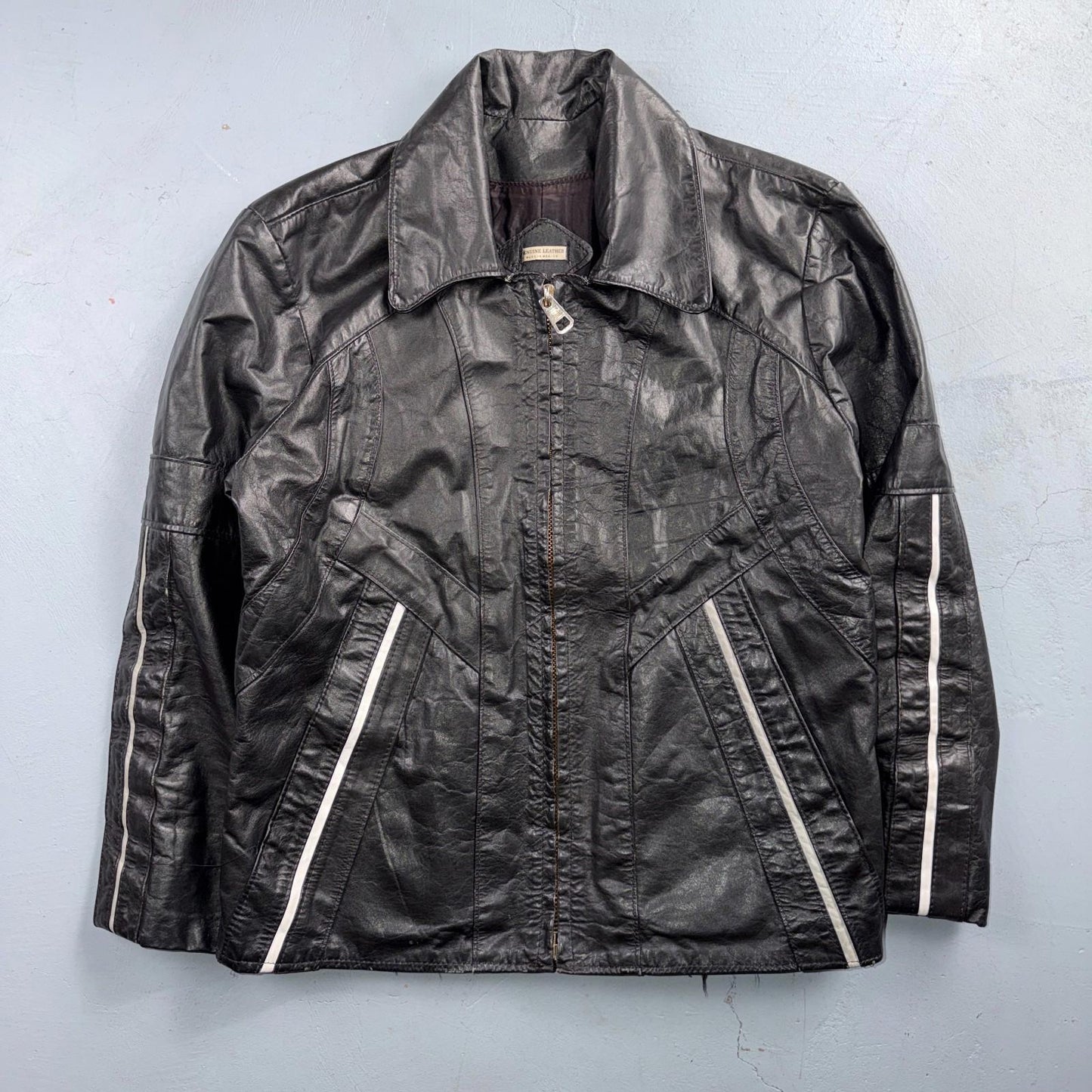 Genuine Leather Jacket Black Mens Size M 100% 1980s 80s Ideal Zipper BucO Racer