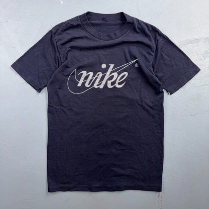 Nike VTG 80s Script Logo Swoosh T Shirt Navy Single Stitch USA 1980s Rare Print