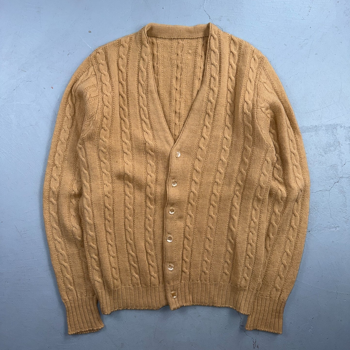Vintage 1970s Wool Cardigan Sweater Mens M Button Up Beige Tan 70s Fisherman