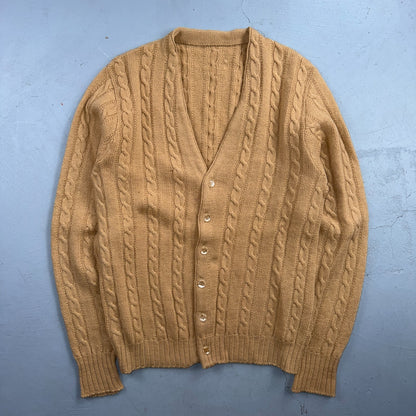 Vintage 1970s Wool Cardigan Sweater Mens M Button Up Beige Tan 70s Fisherman