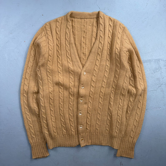 Vintage 1970s Wool Cardigan Sweater Mens M Button Up Beige Tan 70s Fisherman