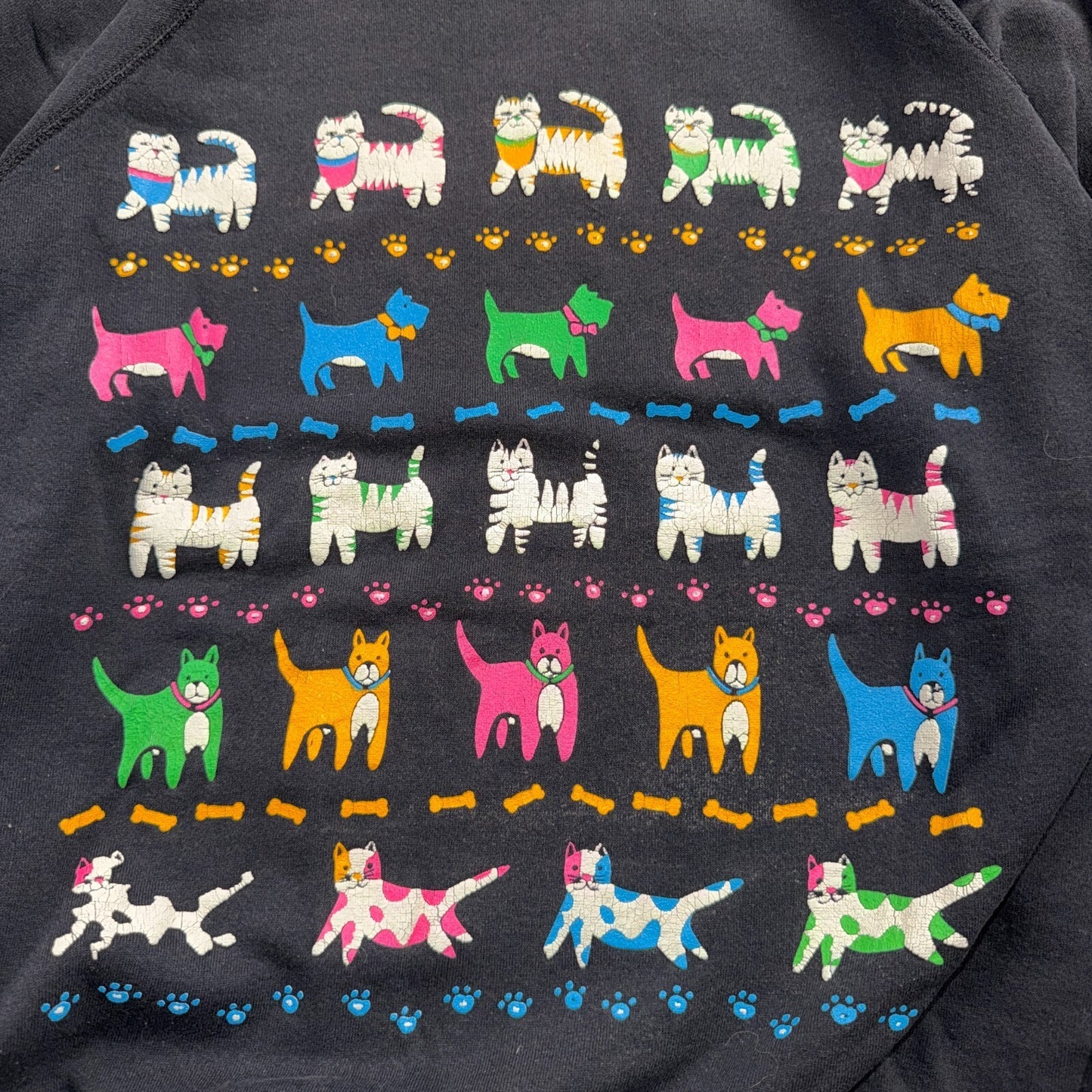 Vintage 90s Cats Dogs Animal Graphic Sweatshirt Black Cute USA One Size Art