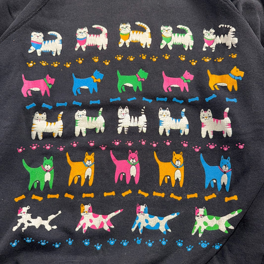Vintage 90s Cats Dogs Animal Graphic Sweatshirt Black Cute USA One Size Art