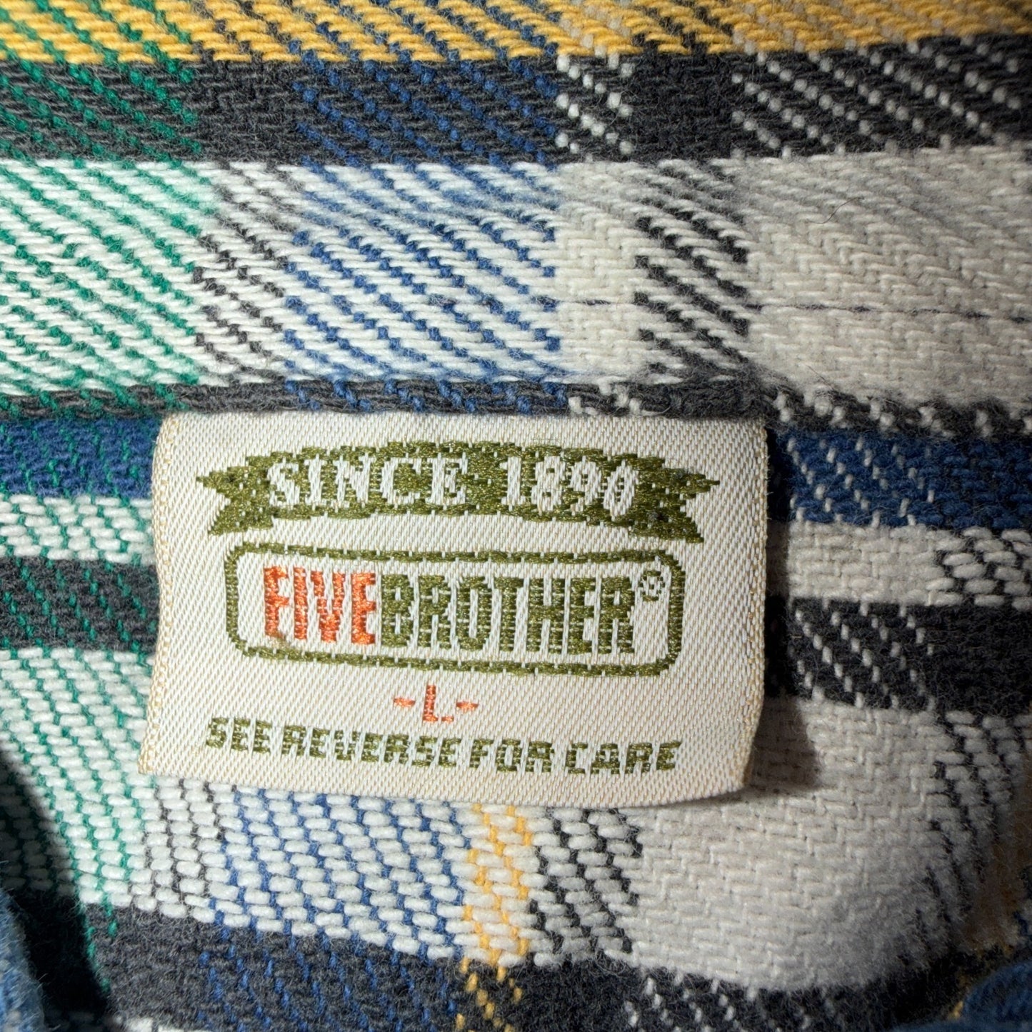 VTG 90s Five Brother Green Blue Plaid Heavy Flannel Work Shirt Grunge Men's L
