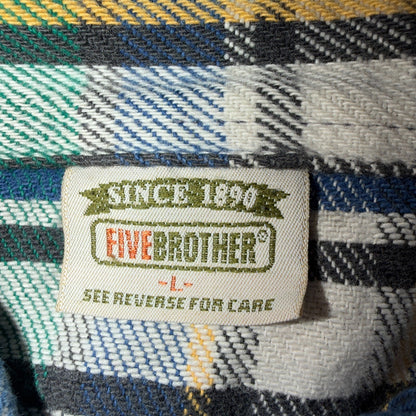 VTG 90s Five Brother Green Blue Plaid Heavy Flannel Work Shirt Grunge Men's L