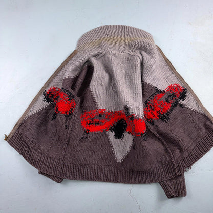 VTG 1950s Hand Knit Wool Cowichan Cardigan Sweater Jacket Race Cars Medium RARE