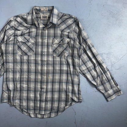 Levis VTG 1980s Pearl Snap Button Shirt Mens L Plaid 80s Cowboy Shirt Korea LS