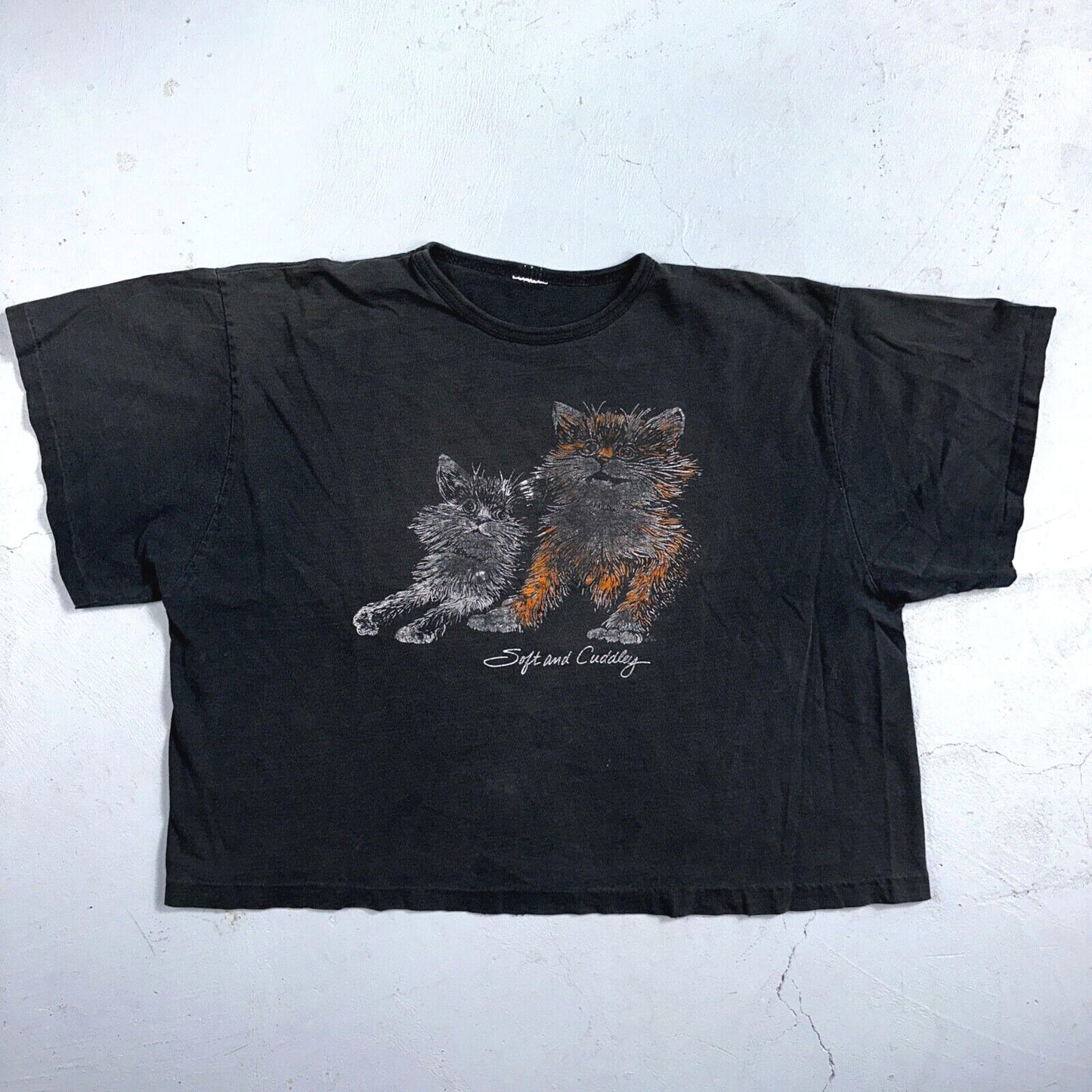 Cats Soft and Cuddly 1970s Boxy VTG T Shirt 70s Perfect Black Fade Boxy Animals