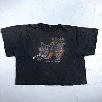 Cats Soft and Cuddly 1970s Boxy VTG T Shirt 70s Perfect Black Fade Boxy Animals