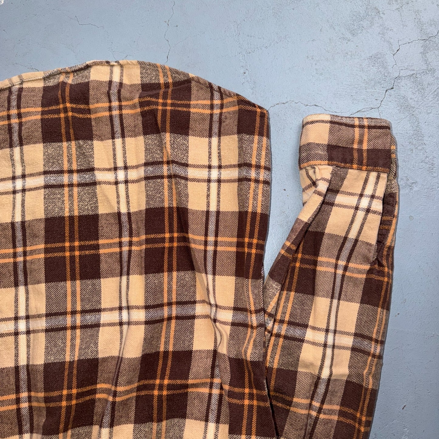 VTG 70s Big Mac Penneys Plaid Flannel Shirt Brown Tan Cotton Tall M USA Made