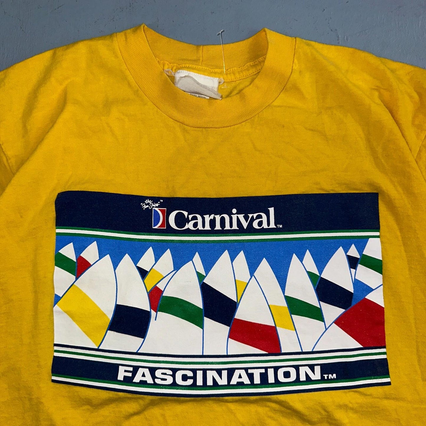 Carnival Fascination Yellow VTG T Shirt Travel Sail Boats Single Stitch Large