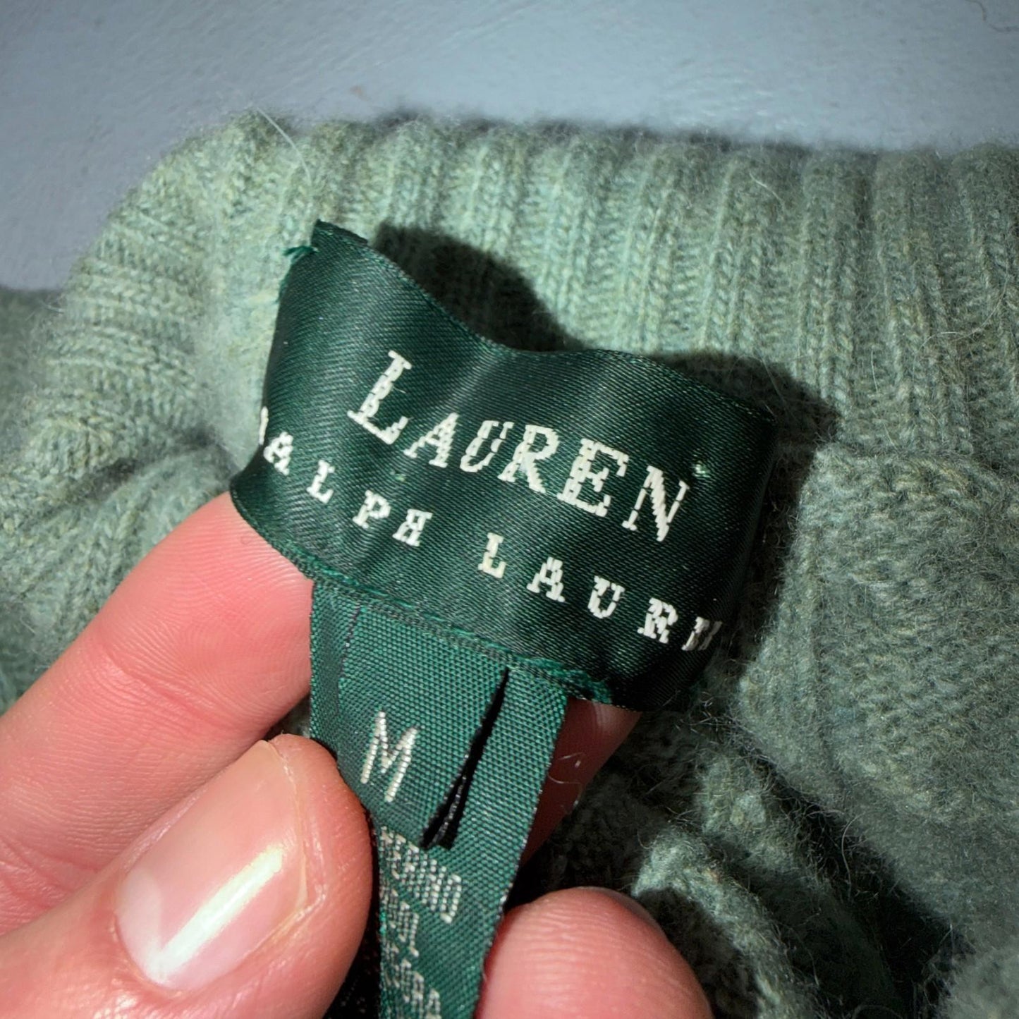 Ralph Lauren Womens M Peplum Green Cable Knit Sweater Wool Cashmere Angora