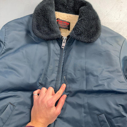 Vintage Wear-Guard Jacket Mens M Blue Bomber Faux Fur Collar Sherpa USA 80s