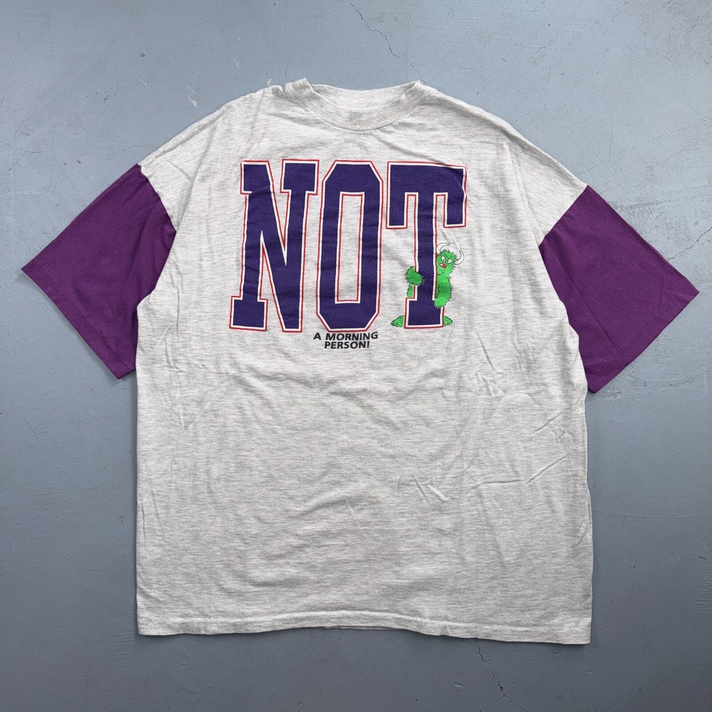 Vintage NOT A Morning Person Monster T Shirt Purple Sleeves 90s XL Funny Humor