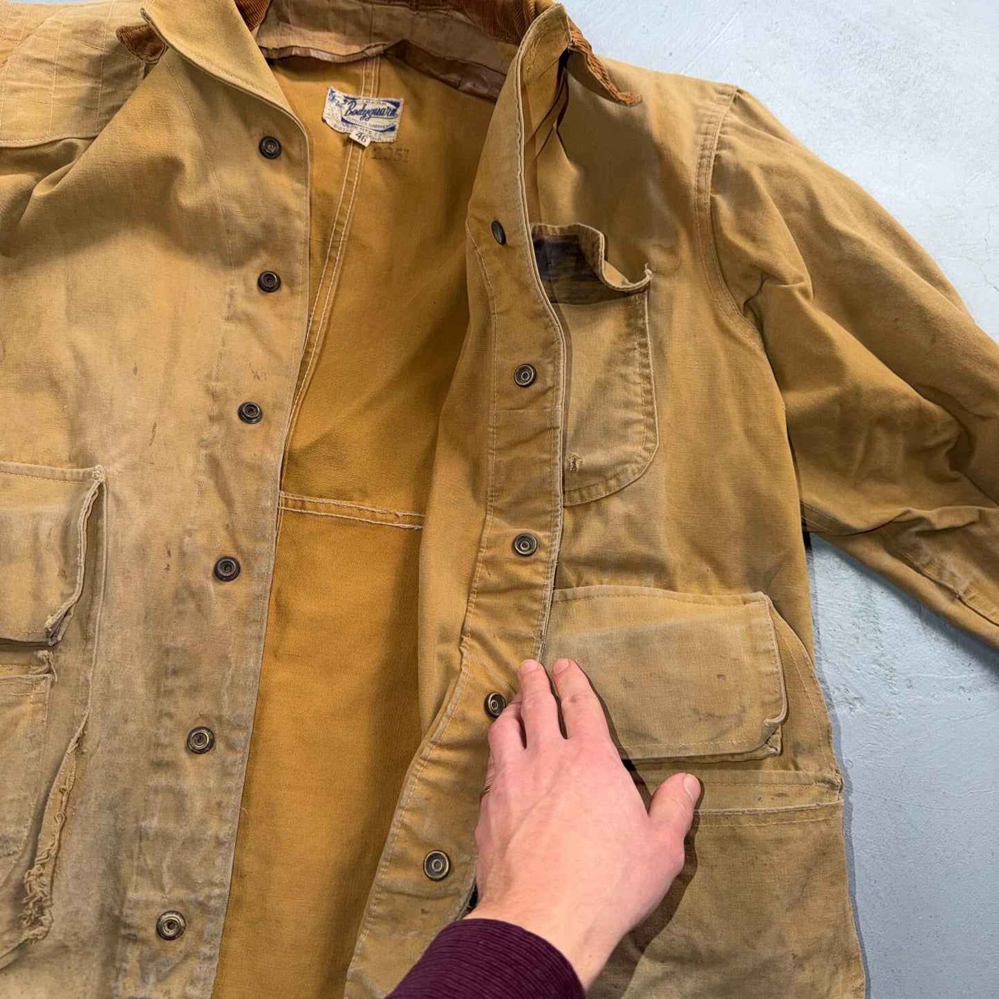 Hinson Bodyguard Men’s Vtg 1940s Hunting Jacket Coat USA Corduroy Trim Brown 46