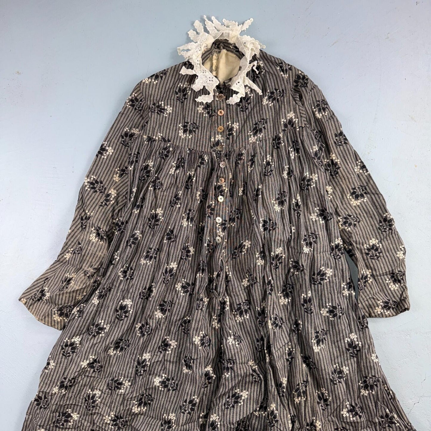 Antique Edwardian 1800s Calico Day Dress House Farm Dress Victorian 1900s Lace