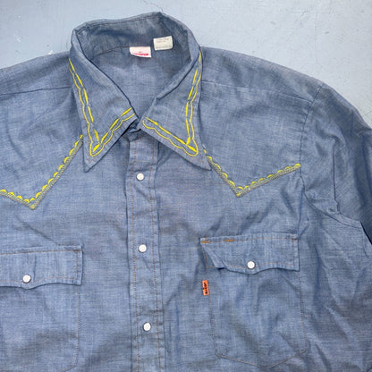 VTG 70s Levis Chambray Western Shirt Embroidered Pearl Snap Rockabilly Orange Ta