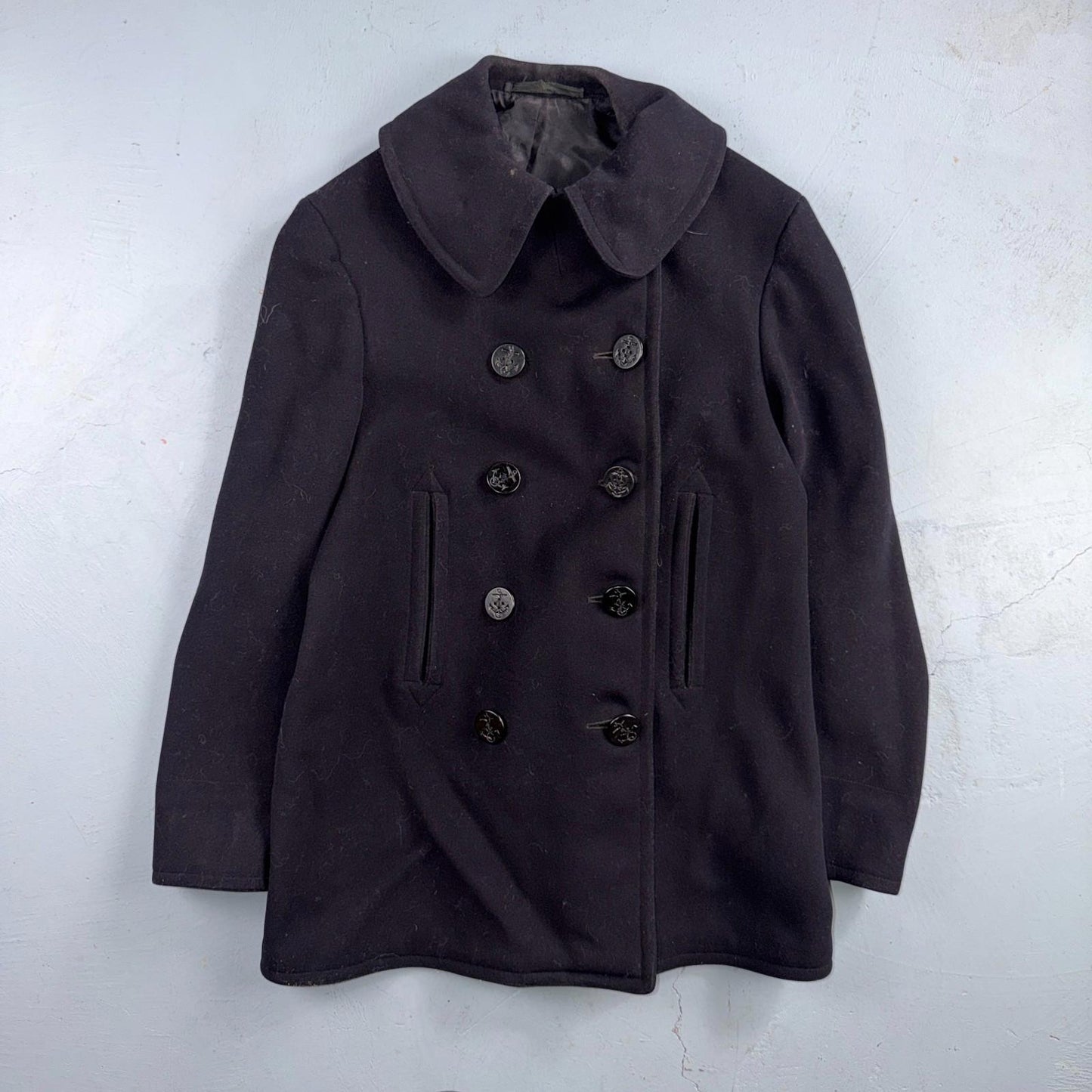 Vintage 40s WWII US Naval Clothing Factory 10 Button Navy Wool PeaCoat Military