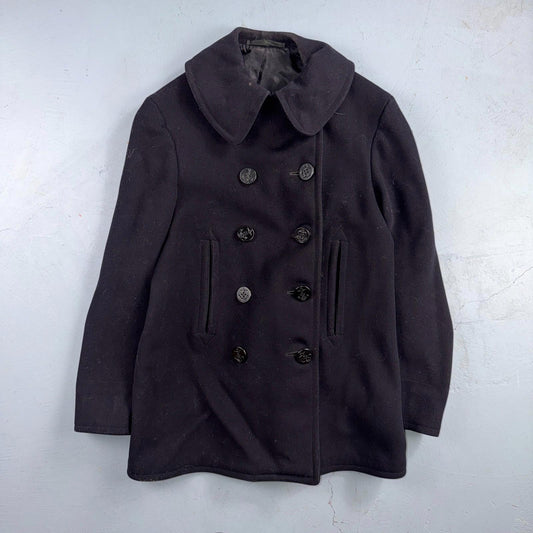 Vintage 40s WWII US Naval Clothing Factory 10 Button Navy Wool PeaCoat Military