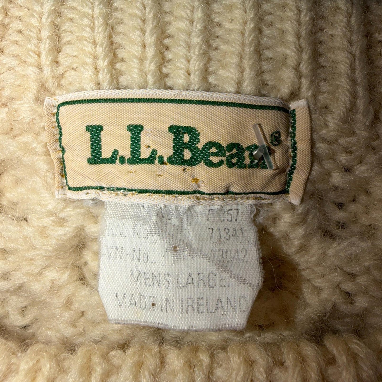 L.L. Bean L Men's Vintage Cable Knit Fisherman Sweater Sz Large Ivory/Cream