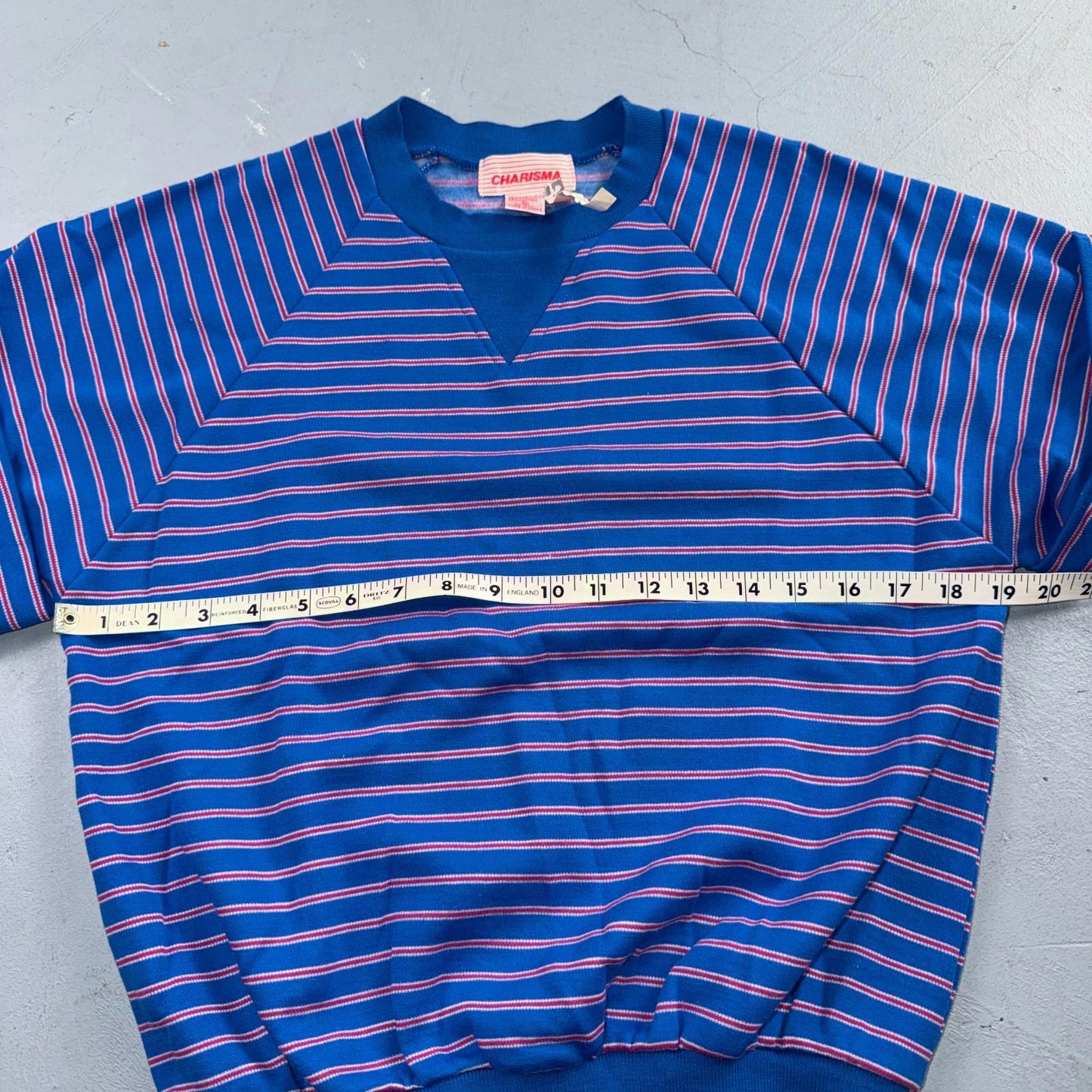 Charisma Striped Pullover Sweater Blue Aqua Ski Short Sleeve 1980s Euro VTG