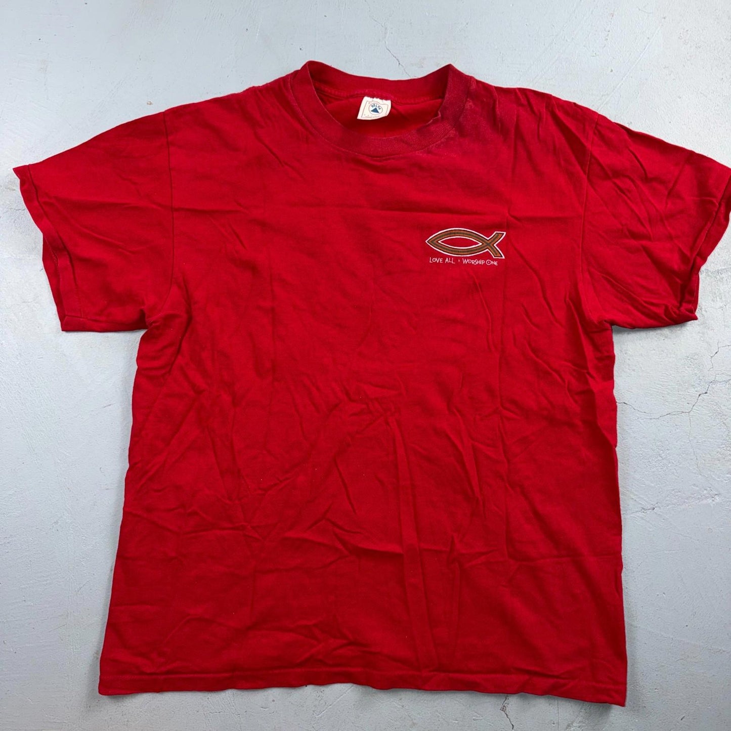 Vintage Jesus Shirt Mens L Red Love All Worship One Religious Christian 90s USA