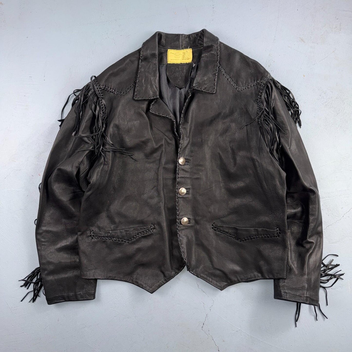 Vintage Buckskin Montana Jacket Black Leather Fringe Western Leather Cowboy 70s