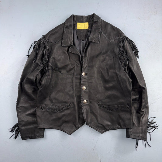 Vintage Buckskin Montana Jacket Black Leather Fringe Western Leather Cowboy 70s