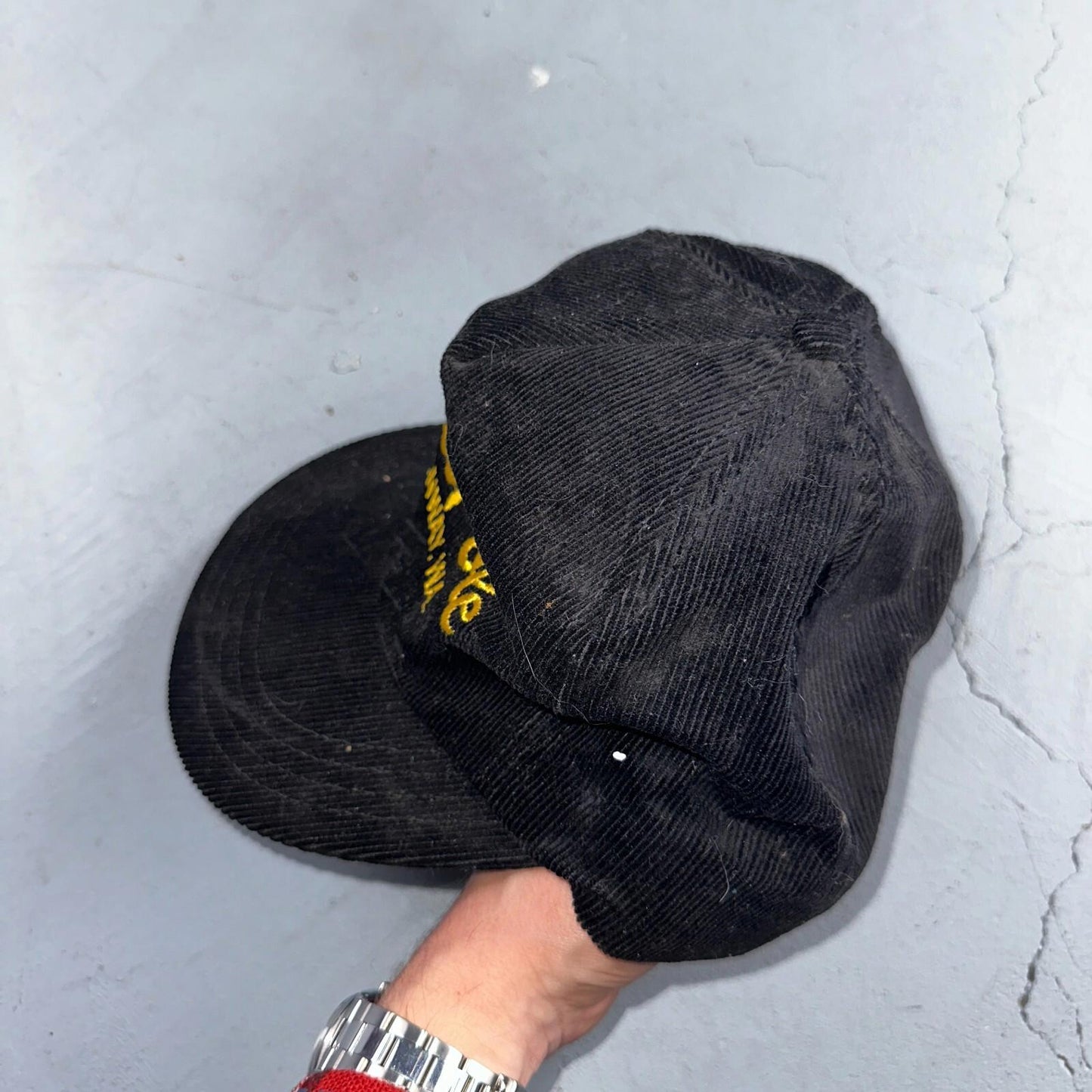 Conway Washington Bell Pole Corduroy VTG Hat Cap Snapback Black USA Hiking Truck